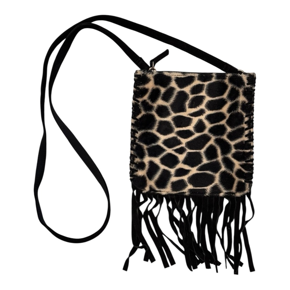 Fossil Crossbody Purse Black Suede Animal Print Fringe‎ Inside Zipper Pocket